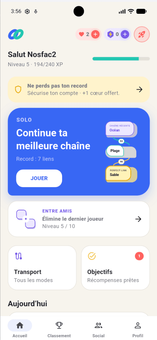 Capture d'écran réelle de l'accueil de Chain : record de chaîne, mode solo et mode Entre amis.